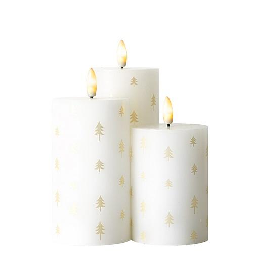 Sirius Rechargeable Sille kaarsen wit met gouden boompjes, set van 3