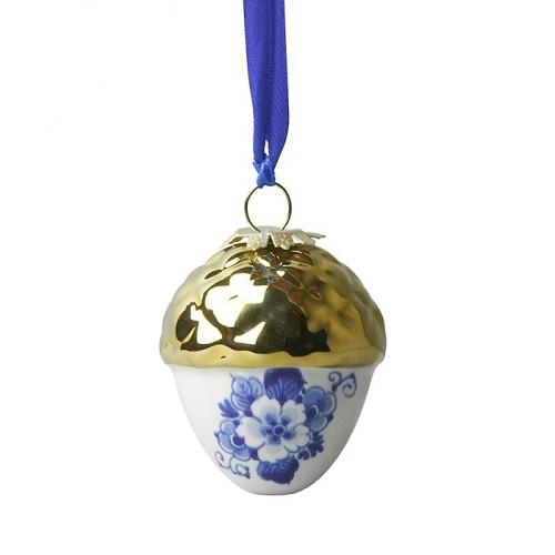 Heinen Delftsblauw hanger Noot met gouden dopje