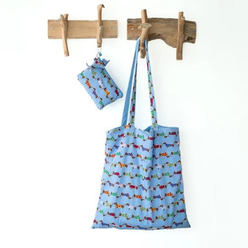 Sjaal met verhaal boodschappentas Teckel blauw met etui en sleutelhanger