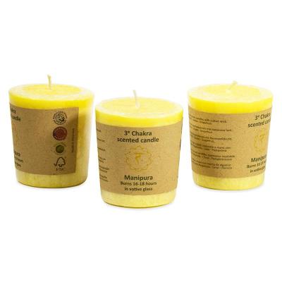 3e chakra geel Manipura votief geurkaarsje met glaasje (bergamot, citroen, grapefruit)
