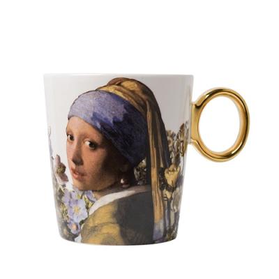 Heinen Delftsblauw mok Meisje met de parel pastel goud