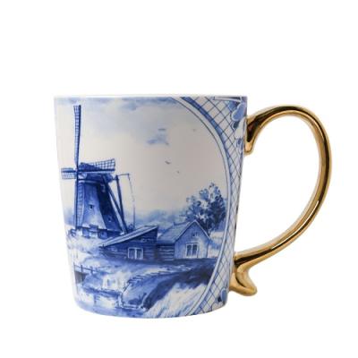 Heinen Delftsblauw mok Molen goud