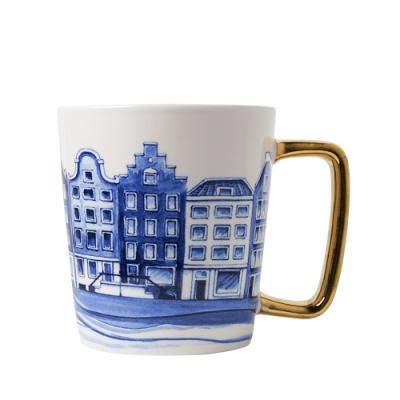 Heinen Delftsblauw mok Huisjes goud